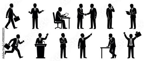 Businessmen silhouettes performing various professional actions like walking, working, shaking hands, and speaking, representing corporate life and diverse business activities