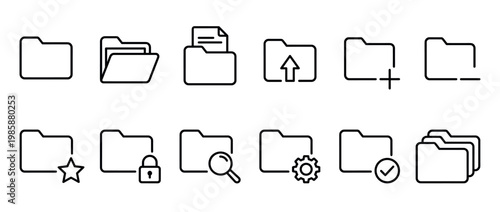 Folder icons set with various symbols for file management, data organization, and digital storage operations in outline style.
