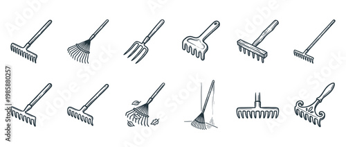 Assortment of garden rakes and other agricultural hand tools rendered in a detailed vintage engraving style.
