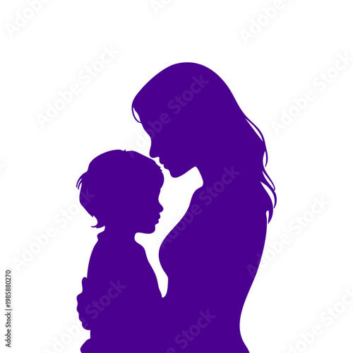 mother and child silhouette illustration representing maternal love and care, purple silhouette of woman hugging her baby for family concept logo, minimalist mother and toddler bond icon for parenting