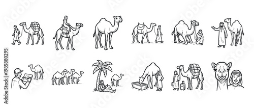Collection of hand-drawn camel illustrations with desert travelers showcasing traditional Middle Eastern culture and desert adventures.