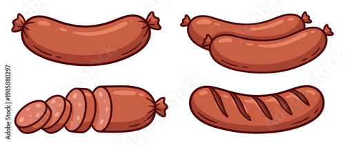 Sausages cartoon illustration set featuring various styles of meat products for food concepts and culinary designs.