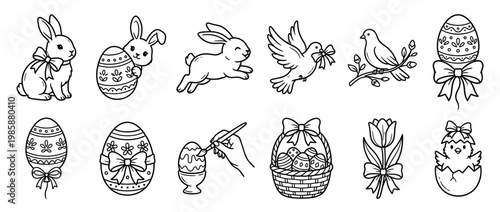 Cute Easter bunnies, decorated eggs, birds, and a chick hatching from an egg, celebrating spring in a charming line art illustration collection.