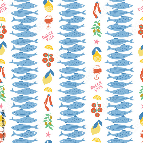 Blue striped sardines fish and Mediterranean food seamless pattern. Dolce vita seafood, wine, tomatoes, pepper, lemon. Vector textile design, fashion, fabric, wallpaper, wrapping repeat background