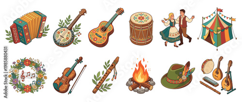 Vibrant collection of folk music instruments, dancing couple, festival tent, traditional hat, and campfire, depicting a lively cultural celebration.