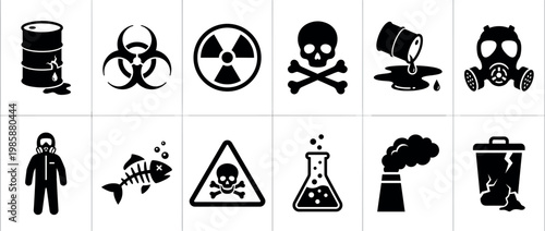 Hazard symbols pollution icons warning signs set depicting various environmental dangers, chemical risks, and toxic waste warnings.