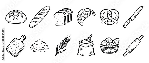 Various hand-drawn bakery items, fresh bread, baking ingredients, and kitchen tools for cooking and pastry preparation.