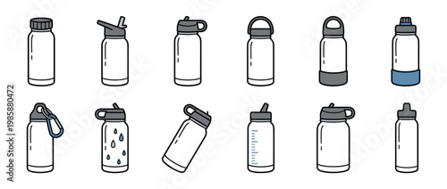 Collection of reusable water bottles featuring different cap styles and designs for daily hydration and active living.
