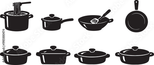 Collection of black cookware icons: pot with noodles, saucepan, wok with spatula, frying pan, and casserole dishes, flat design vector illustration