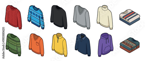 Collection of various colorful sweaters, jumpers, and hoodies in an isometric cartoon style, representing diverse winter and casual apparel.