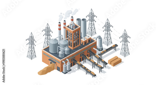 Isometric illustration of a modern industrial factory complex, featuring smokestacks and power transmission towers, symbolizing manufacturing, energy, and infrastructure