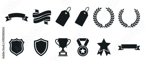 Award icons, ribbons, tags, shields, and trophies vector set for achievement, quality, and recognition symbols.