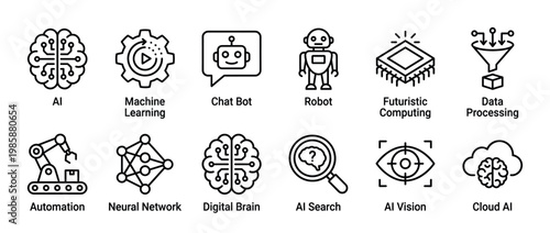 Artificial intelligence technology icons set featuring concepts like machine learning, robotics, data processing, and neural networks for digital innovation.