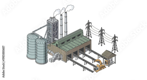 Isometric drawing of an industrial manufacturing plant. Shows silos, conveyor belts, factory, chimneys, and power lines. Depicts modern production and energy infrastructure