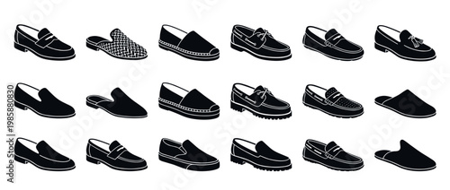 Collection of men's slip-on shoes, including loafers, espadrilles, boat shoes, and mules, presented as black silhouette icons.