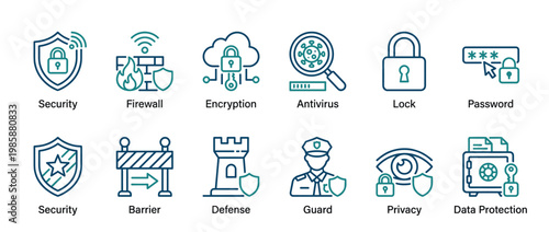 Cybersecurity icons, data protection symbols, and digital security concepts are illustrated in a modern line art style.