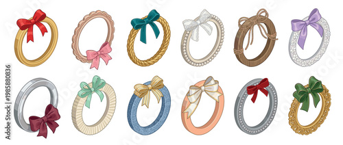 Collection of various decorative oval frames adorned with colorful bows, featuring different textures and embellishments for design elements.