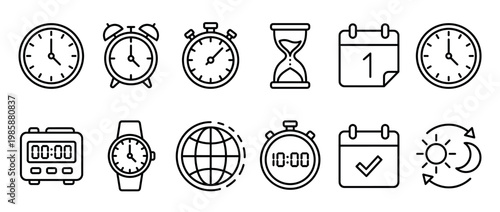 Collection of time and date icons, including various clocks, hourglass, calendars, and global time symbols, representing scheduling and planning concepts.
