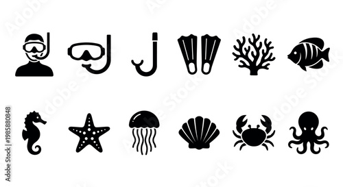 Diving equipment and marine life icons, including snorkel, mask, fins, coral, fish, seahorse, starfish, jellyfish, seashell, crab, and octopus.