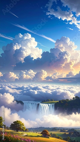 A serene landscape with a majestic waterfall flowing into cloudy valleys