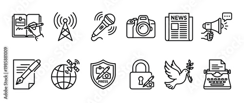 Collection of line art icons depicting journalism, news, and media communication tools and concepts for modern reporting.