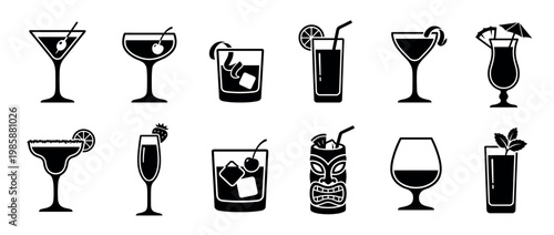 Cocktail glasses and drinks icon set featuring various alcoholic beverages with garnishes, perfect for bar menus, party invitations, and restaurant designs.