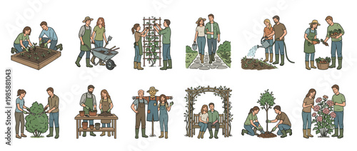 People gardening activities illustrations showing planting, watering, harvesting, and enjoying nature in their outdoor spaces.