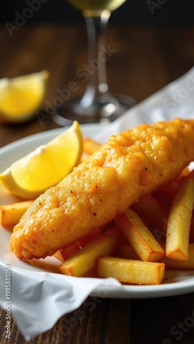 A plate of fish and fries served with a glass of wine