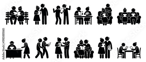 Stick figures illustrating people reading, studying, and communicating in different social settings and interactions.