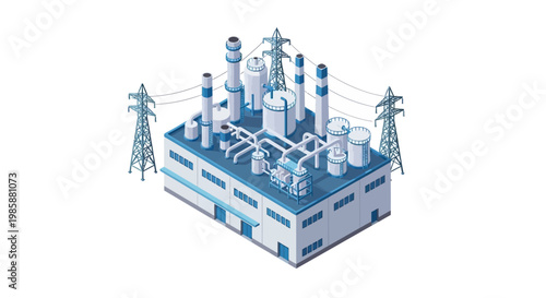 Isometric industrial power plant illustration. Modern energy production facility with electricity transmission towers and high voltage lines