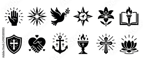 Collection of diverse spiritual and religious symbols, including a dove, cross, anchor, and lotus flower, representing faith, peace, and guidance.