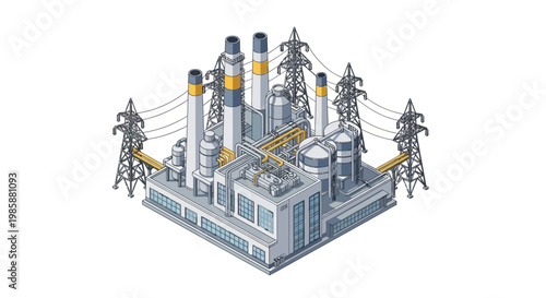 Vector isometric illustration of a large-scale industrial energy power plant complex with high-voltage electricity transmission towers, symbolizing modern infrastructure and global energy supply