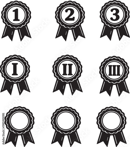 Collection of Award Ribbons with Numbers 1, 2, 3 and Roman Numerals I, II, III Vector Illustration