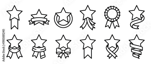 Star award ribbon icons set representing achievement, success, quality, and premium rating symbols in outline vector style.