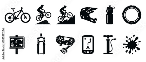 Mountain biking icons set featuring various elements like bicycles, riders, helmet, gear, and accessories for outdoor sports and adventure.