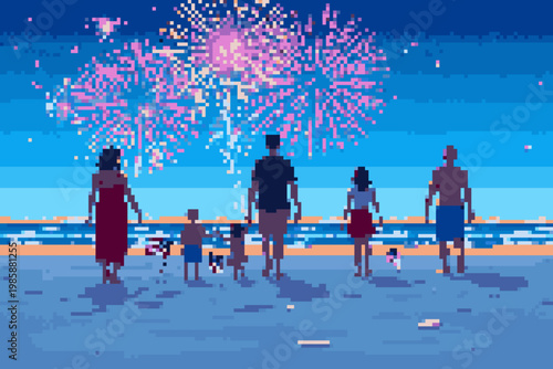Pixelated Beach Family Watching Fireworks: A Colorful Celebration of Summer