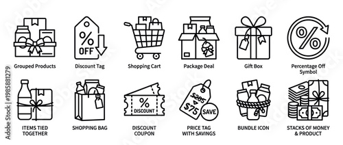 Set of shopping, retail, and discount related line art icons for e-commerce and marketing campaigns, illustrating various deals and product presentations.