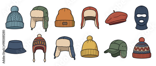 Collection of various winter and casual hats including knitted beanies, ushankas, a beret, and a balaclava, perfect for cold weather.