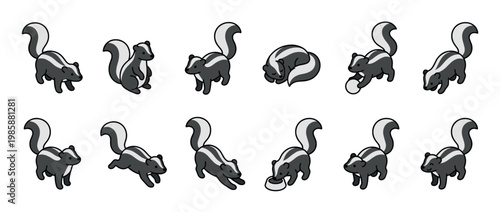 Cartoon skunks in various poses, including standing, sitting, sleeping, and playing, depicted as a cute vector illustration.