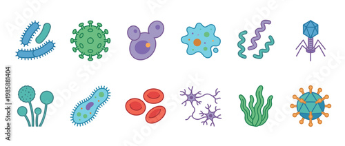 Various microorganisms and cells including bacteria, viruses, fungi, and protozoa are depicted in a colorful scientific illustration.