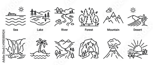 Collection of natural landscapes and geographical features line art icons representing various environments and outdoor scenes for design projects.