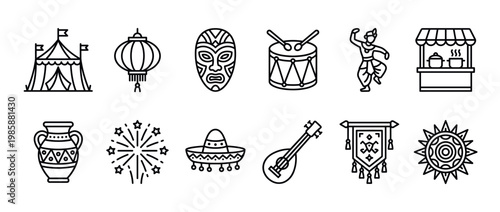 Festival icons, celebration symbols, and cultural elements represented as a collection of black line art vector illustrations.