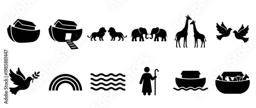 Noah's Ark story icons set featuring various elements like the ark, animals, doves, rainbow, and Noah figure in black silhouette.