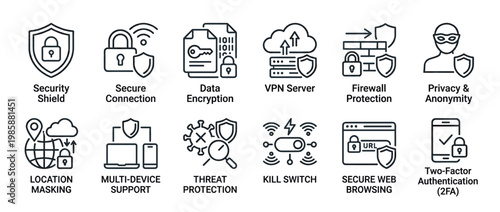 Cybersecurity icons set featuring various digital protection and internet privacy concepts including data encryption, VPN, and secure browsing.
