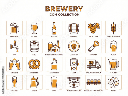 A complete set of twenty-four professional brewery and beer manufacturing icons featuring craft brewing equipment and beverage symbols in a modern orange line-art style