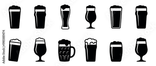 Diverse set of beer glasses and mugs, presented as black silhouette icons with frothy foam, representing various alcoholic drink containers.