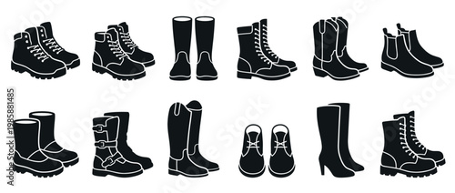 Boots and shoes vector icon set featuring various styles of footwear for different occasions, activities, and seasons.