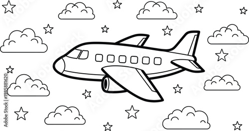 Cartoon airplane flying through clouds and stars black and white