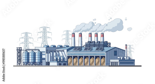 Industrial power plant facility with smoke stacks and transmission towers on a clear day, representing energy production and heavy industry infrastructure