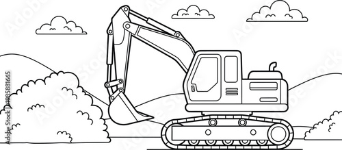 Excavator digging in a landscape with clouds coloring page
